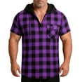 thumbnail image 3 of Ceisia Men Casual Fashion Plaid Patchwork Hooded Half Button Closure Pocket Short Sleeves Pullover Shirt Comfortable Daily Outdoor Spring Summer Top Purple XXL Gifts, 3 of 7