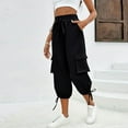 thumbnail image 5 of Tianiyouqing Cargo Capri for Women Breathable Bermuda Wide Leg Elastic Waist High Waisted Fall Cropped Trousers Quick Dry with 4 Pockets Drawstring Pull on Joggers Pants Black XXL, 5 of 9