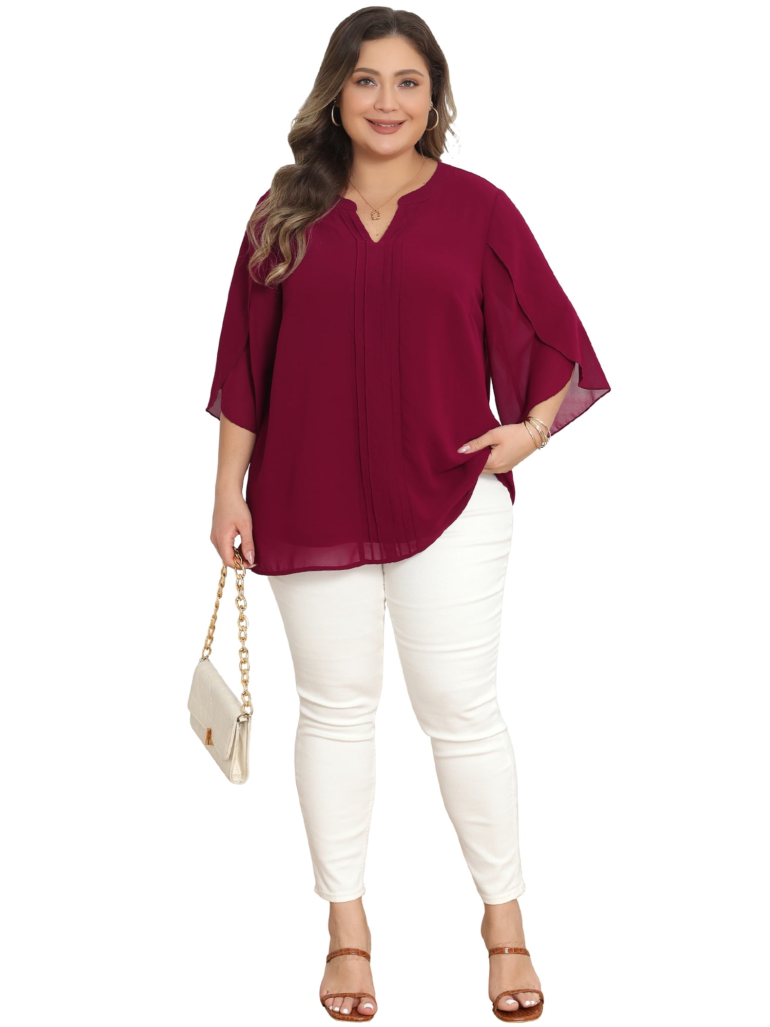 DARING DIVA Women's Plus Chiffon Pleated Front 3/4 Sleeve Top 3X Burgundy
