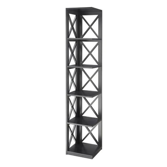 Pemberly Row 5 Shelf Transitional Wood Corner Bookcase in Black