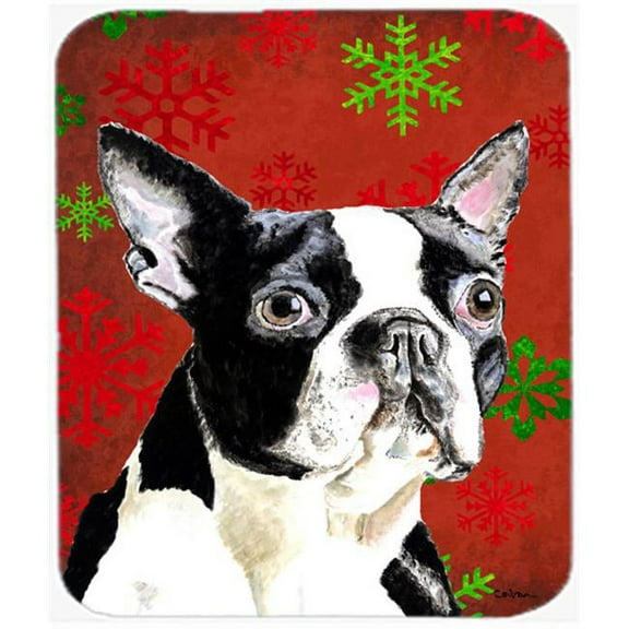 Boston Terrier Red And Green Snowflakes Christmas Mouse Pad, Hot Pad Or Trivet