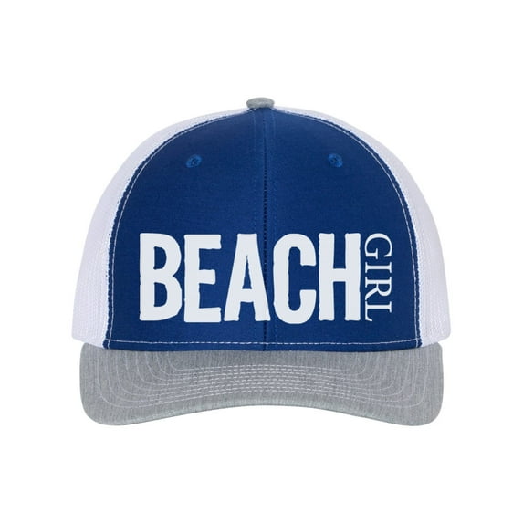 Beach Girl, Beach Hat, Snapback, Gift For Her, Women's Beach Hat, Ocean Lover, Mom Cap, Vacation Hat, Vacay, Trucker Hat, White Text, Royal/White/Heather