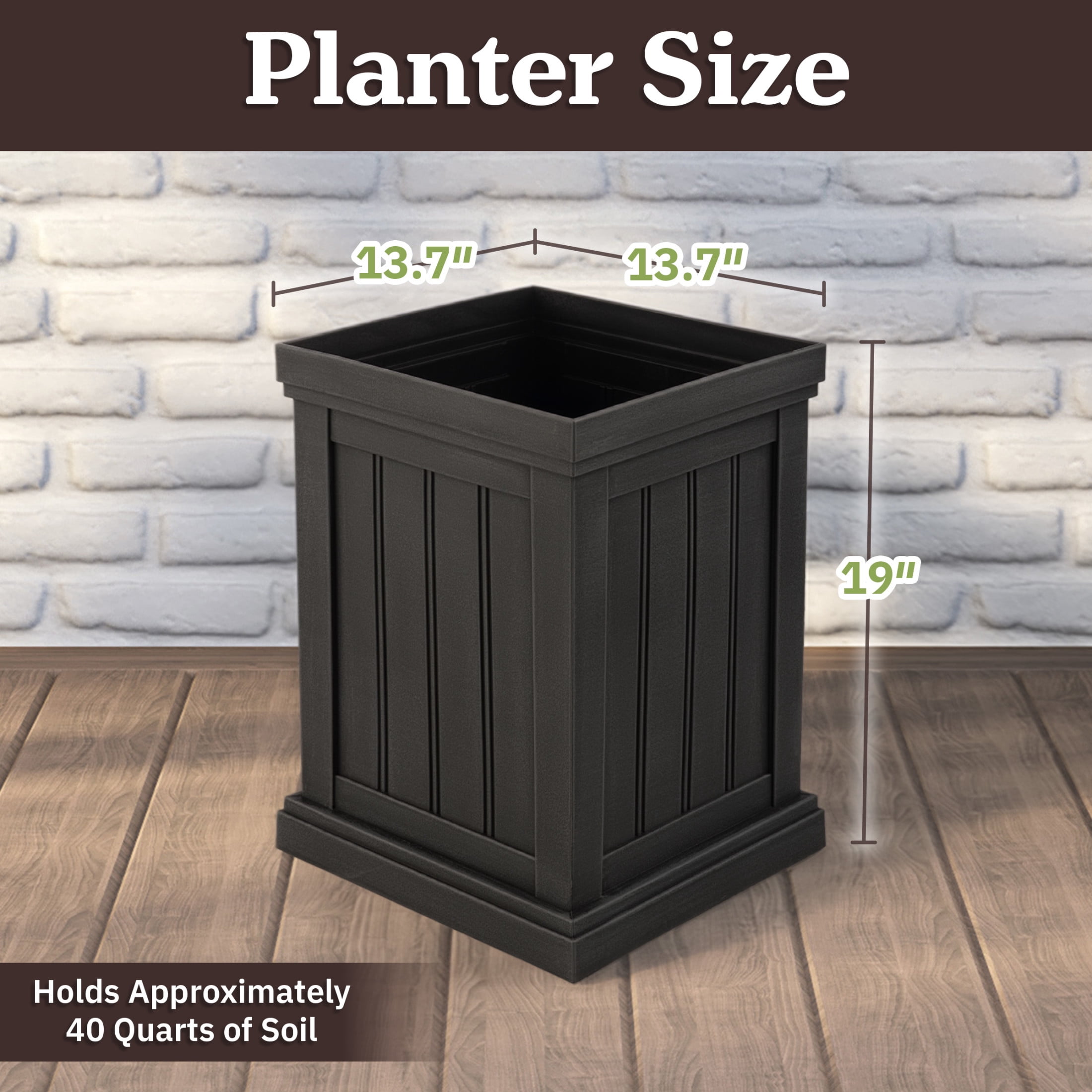 Pure Garden Outdoor Planter Box - 13.7” Square 19” Tall Plastic Plant Pot with Drainage Holes, Gray