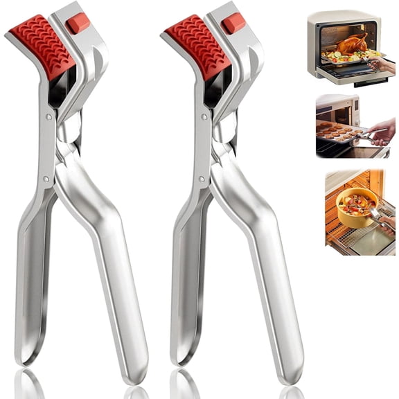 2-Pack Stainless Steel Hot Plate Gripper Tongs - Multi-Function Anti-Scald Bowl & Pot Clip with Silicone Non-Slip Pads, Heat Resistant Lifter for Microwave, Pizza Pan, Air Fryer & Oven  P