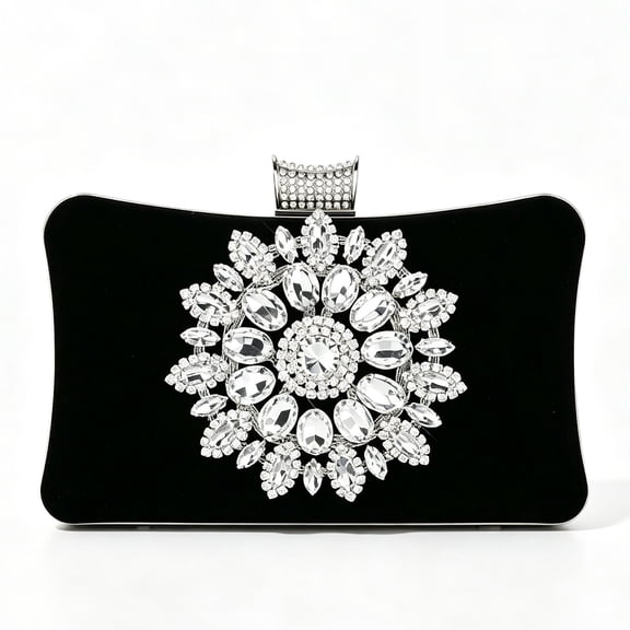 Women's Luxury Rhinestone Evening Clutch Bag Crystal Floral Wedding Party Purse Black