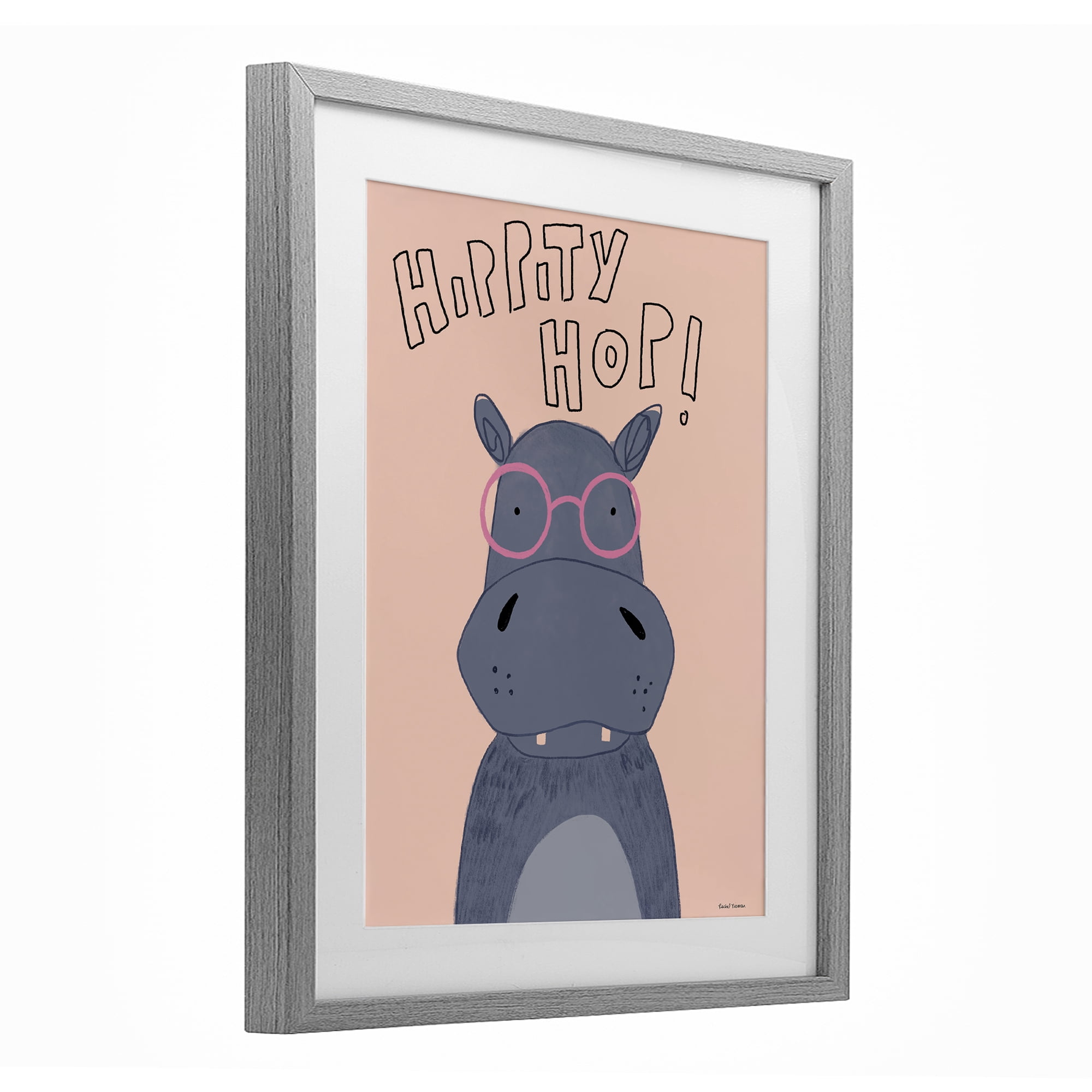 Stupell Industries Hippity Hop Hippo Gray Framed Print Under Glass, design by Rachel Nieman