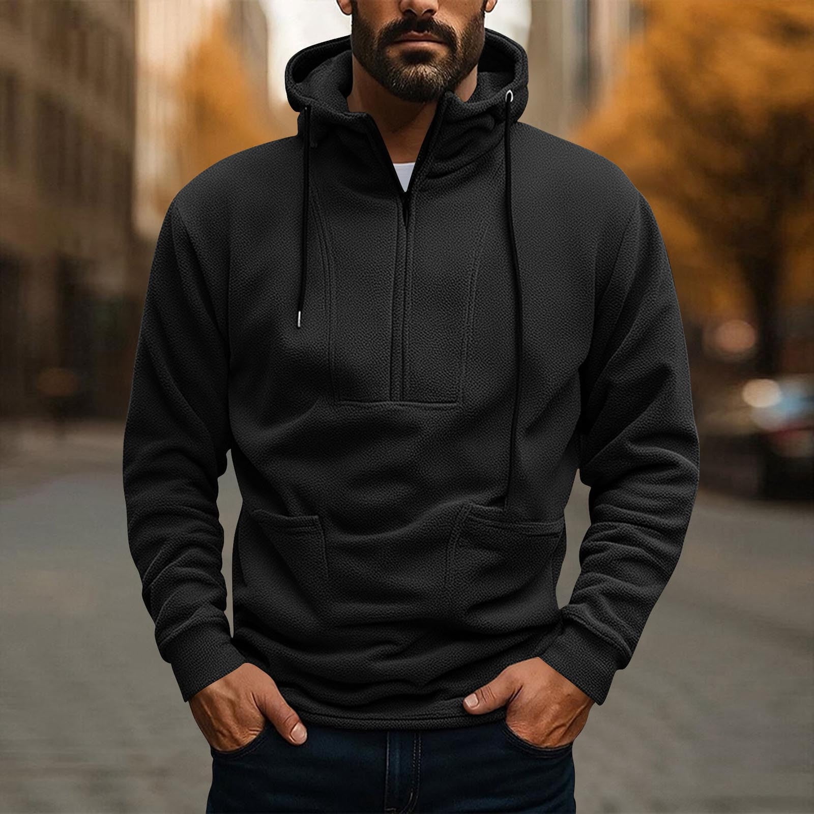 Paiwinds Men's Vintage Full-Zip Fleece Hoodie, Plush Polyester with Adjustable Hood, Retro Casual Sweatshirt in Army Green