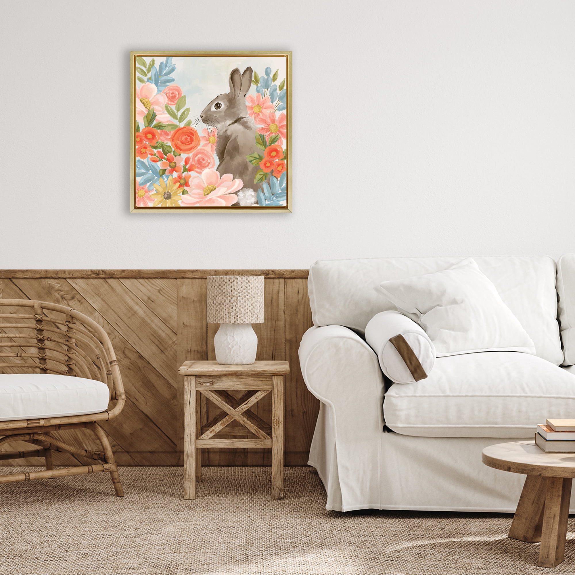 Stupell Industries Bunny In The Blooms Gold Framed Floater Canvas Wall Art, design by Cat Thurman Designs