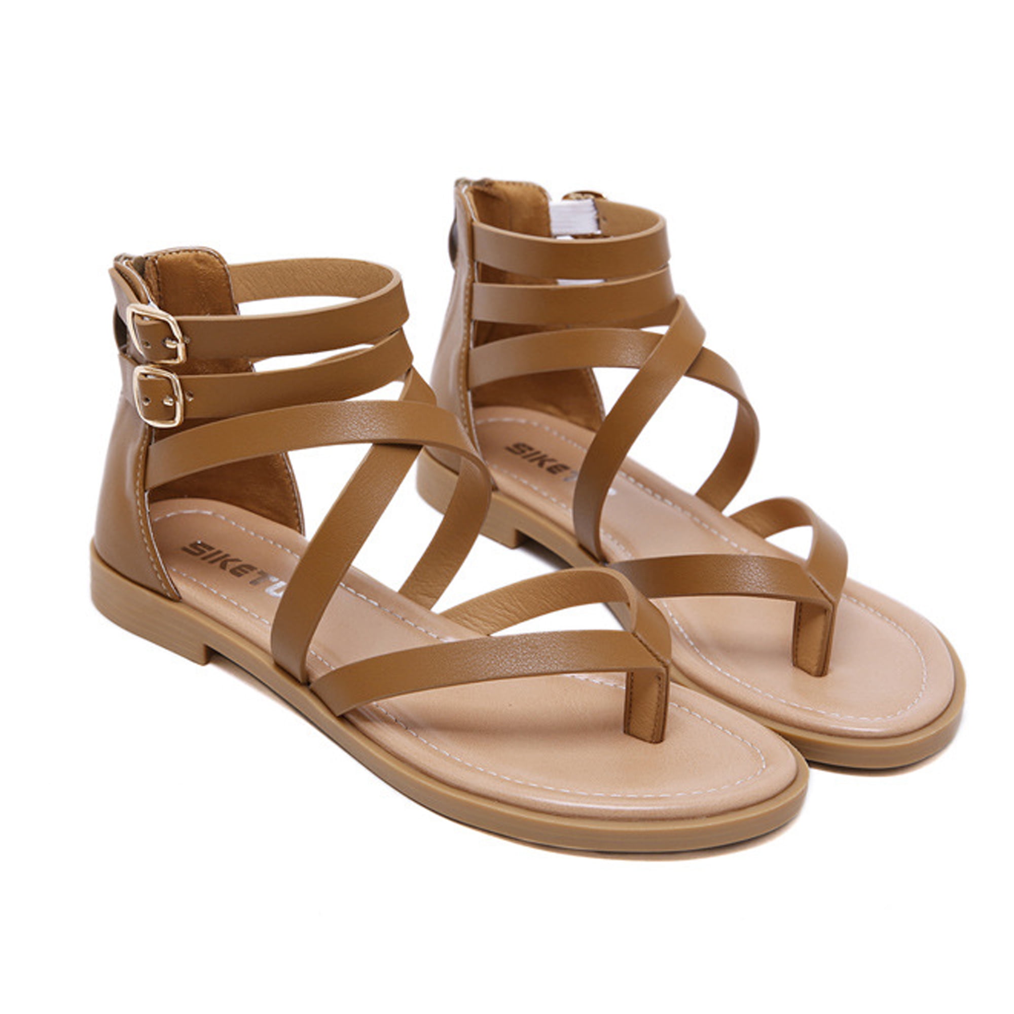 Swqzvt Women S Gladiator Sandals Summer Flat Thong Cross Strappy Sandals Trendy Roman Shoes With