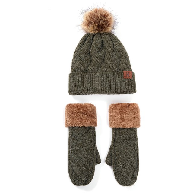 Chapeau et Gants pour Femmes, Tricots d'Hiver, 2 Pcs, Vert Armée
