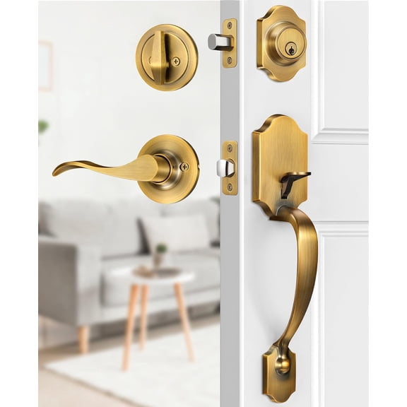 Klamerit Brass Front Door Lock Set, Keyed Entry Door Handle with Deadbolt for Home Security, Reversible Left/Right-Hand, Adjustable Latch