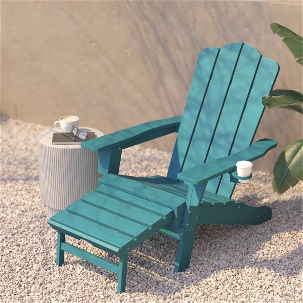Pemberly Row Adirondack Chair with Pullout Ottoman & Cupholder in Blue