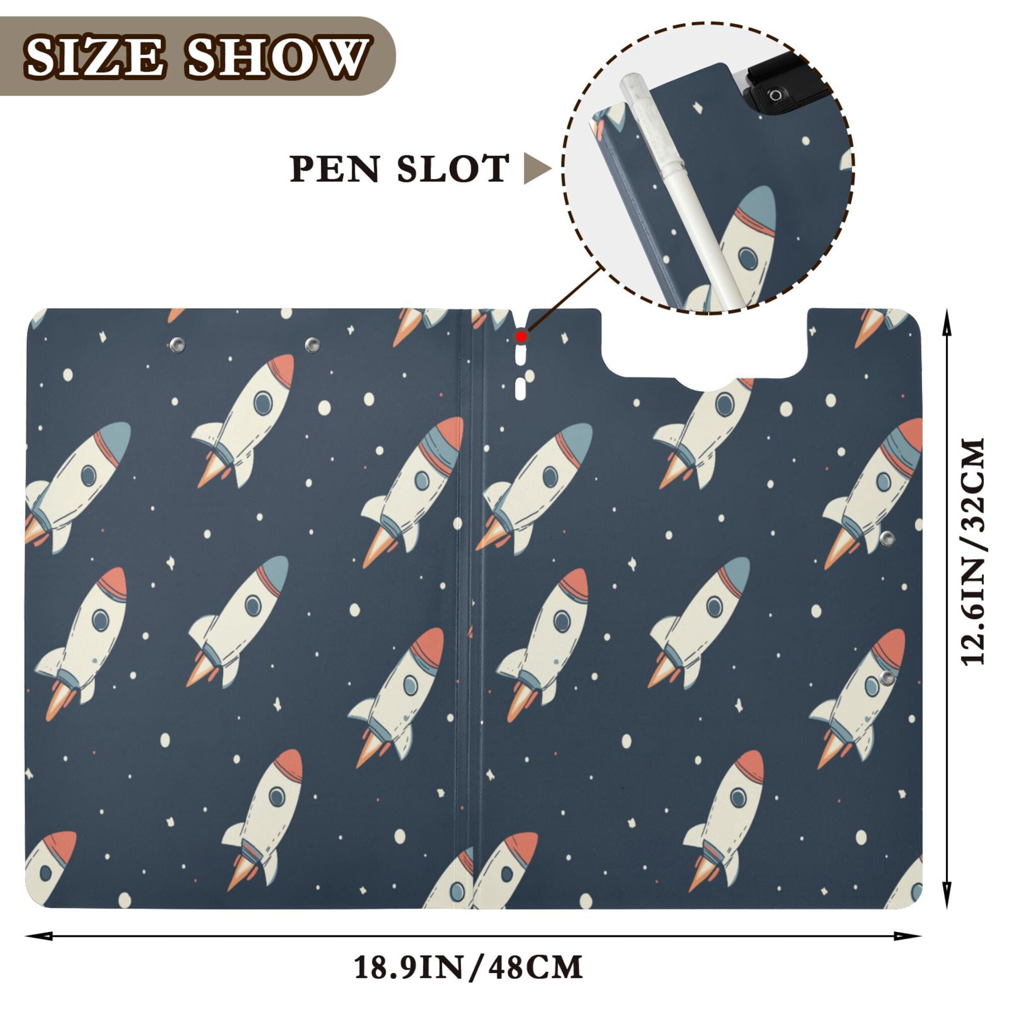 FORMRS A4 Clipboard Folder with Pen Holder Horizontal Foldable School Office Binder, Rocket Pattern