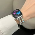 thumbnail image 2 of Pearl Beaded Bracelet Compatible with Apple Watch Bands 38mm 40mm 41mm, Bling Diamond Band Shiny Dressy Metal Strap for iWatch Series 9 8 7 6 5 4 3 2 SE Ultra Women,B, 2 of 6