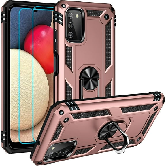 Military Grade Drop Impact for Samsung Galaxy A03S Case with Screen Protector 360 Metal Rotating Ring Kickstand Holder  Heavy Duty Shockproof Case for Galaxy A03S Phone Case (Rose Gold)