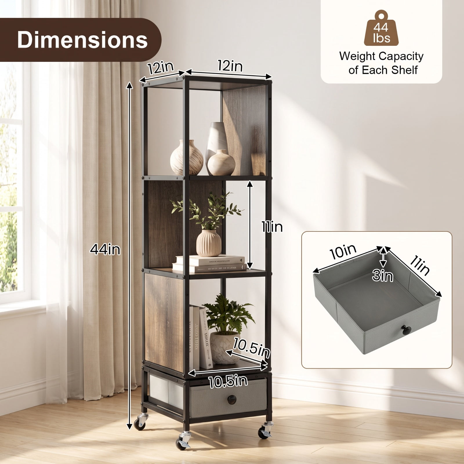 Furnibear 4-Tier Rotating Bookshelf on Wheels with Removable Drawer for Living Room Home Office Bedroom Display Storage Shelf, Gray