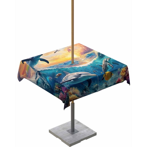 Fsddascl Blue Coastal Outdoor Tablecloth - 60x60 Inch Square Dining Table Cover, Dolphin Summer Beach Nautical Ocean Waterproof Outdoor Table Cloth with Umbrella Hole & Zipper for Picnic/Patio/Party