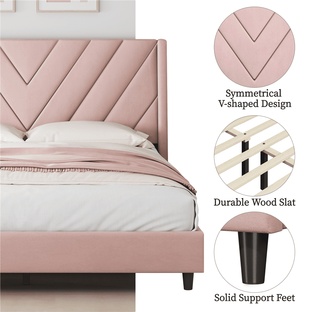 Fullfurnique Upholstered Platform Bed Frame with Wooden Slat Support, Queen, Pink