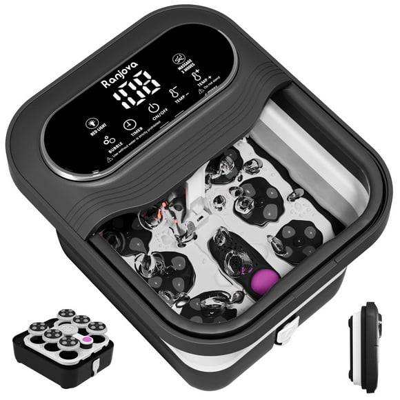 Ranjova Masaje giratorio eléctrico plegable para pies, baño de pies con calor, burbujas, control de temperatura y 24 bolas de masaje Shiatsu motorizadas, bañera de spa para pies de pedicura para alivi