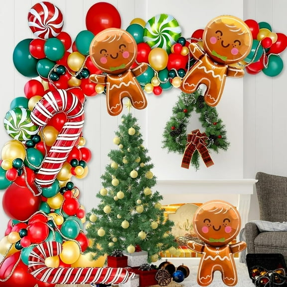Christmas Balloon Garland Arch Kit, Gingerbread Man Xmas Balloons, Candy Cane, Red and Green for Christmas Party Decorations