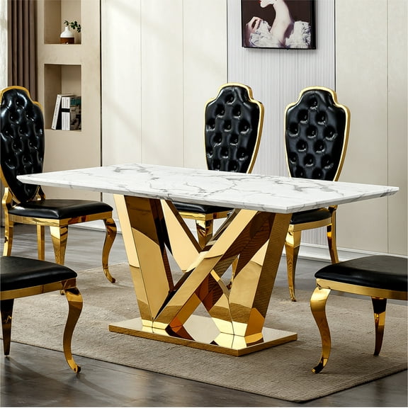 Marble Dining Table for 6 People, 70'' Rectangle Faux Marble Dining Table with Mirrored Finish Stainless Steel Base, Modern Large Size Marble Kitchen Table (Gold,White)(ONLY TABLE)