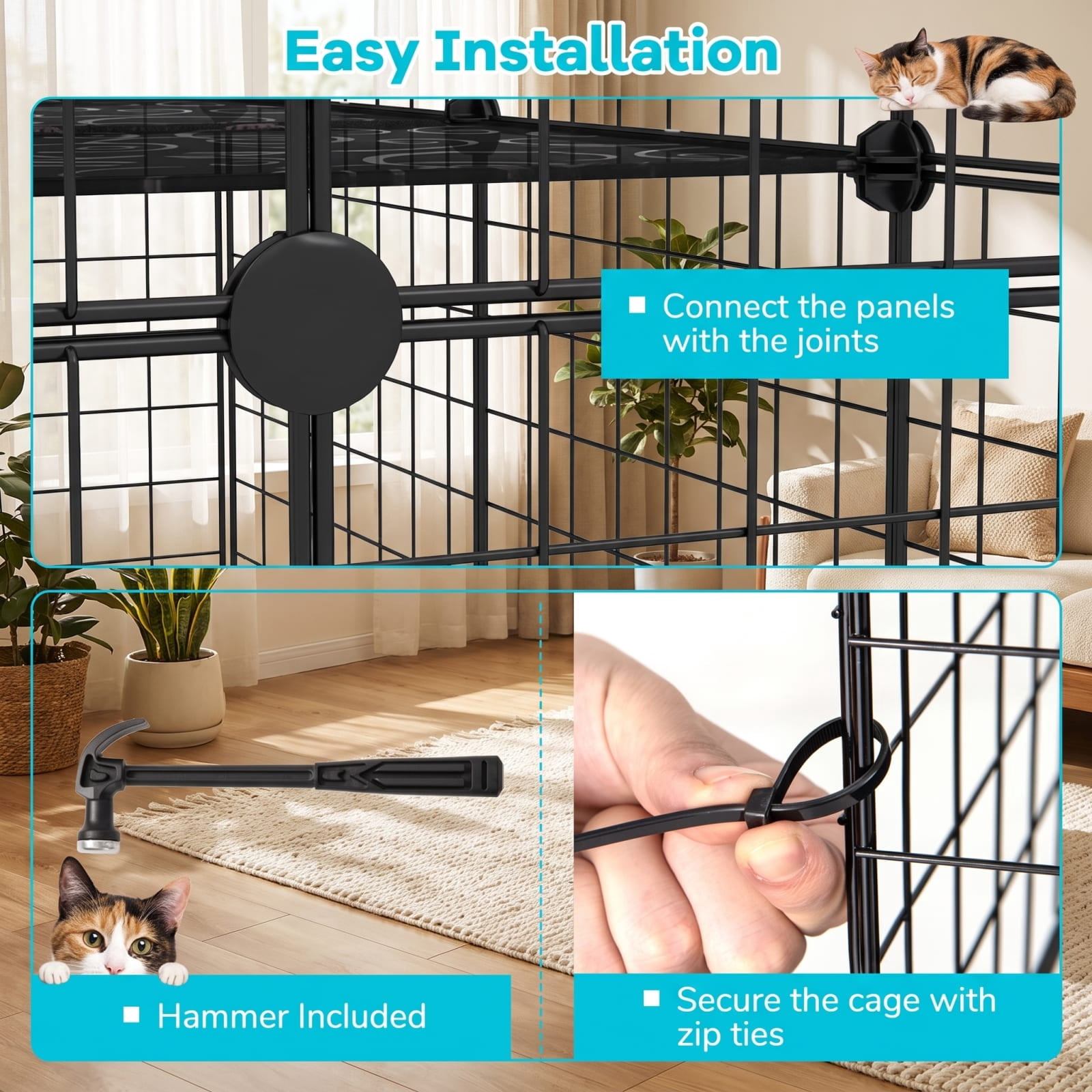 Vebreda Large 4-Tier Cat Cage with Skylight and Hammock for 1-4 Cats, Metal Wire Pet Playpen with Ladders, Lockable Doors and Anti-Tip Kit, Black