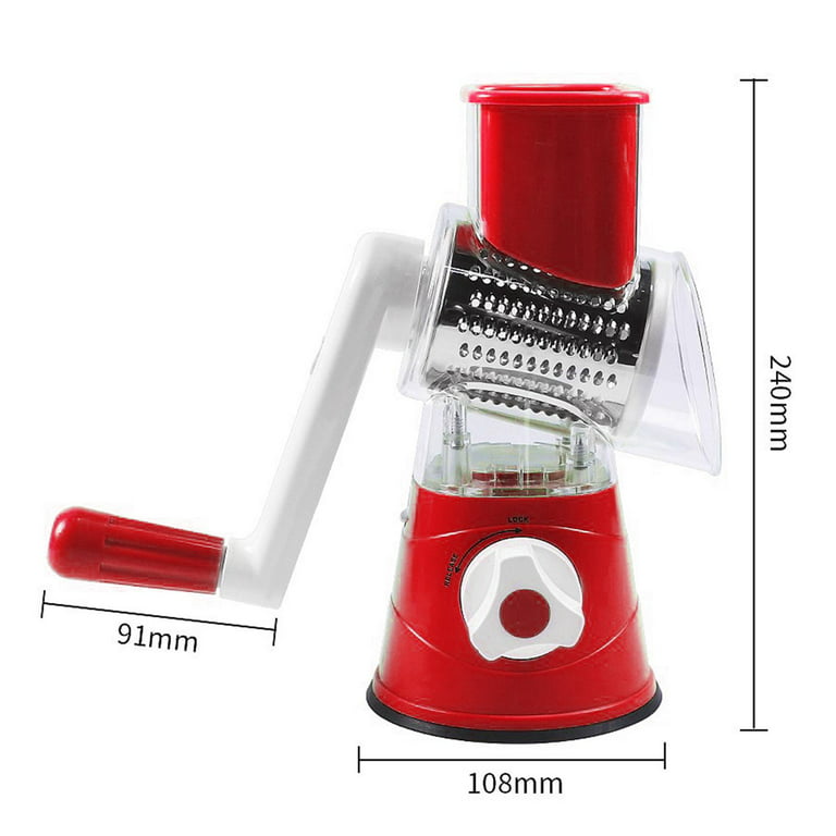 Ktinnead 3 in 1 Manual Rotary Cheese Grater Round Slicer  Grinder,ABS+Stainless Steel,Red 