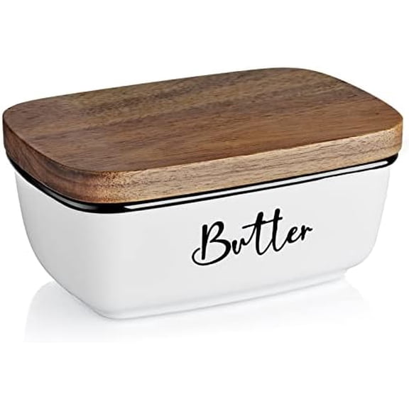 Butter Dish with Lid, Large Ceramic Butter Dish for Countertop, Butter Keeper with Thick Acacia Wood Lid, Kitchen Decor and Accessories for Kitchen Gifts, White
