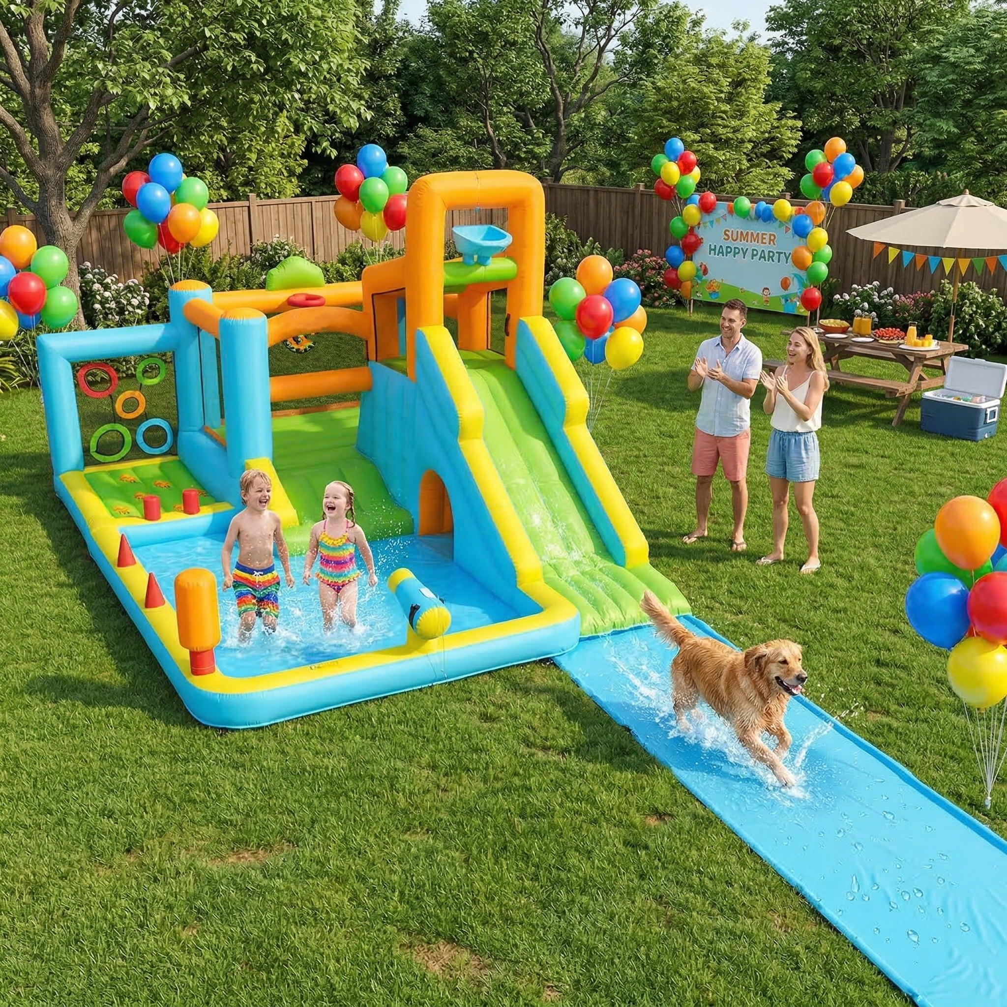Adnoom 17-in-1 Inflatable Water Slide Bounce House for Kids 3-12, 16x11ft Large Golf Water Park with 16ft Detachable Slide, Splash Pool, Tunnel, Climbing, Jumper Castle Backyard w/550W Blower