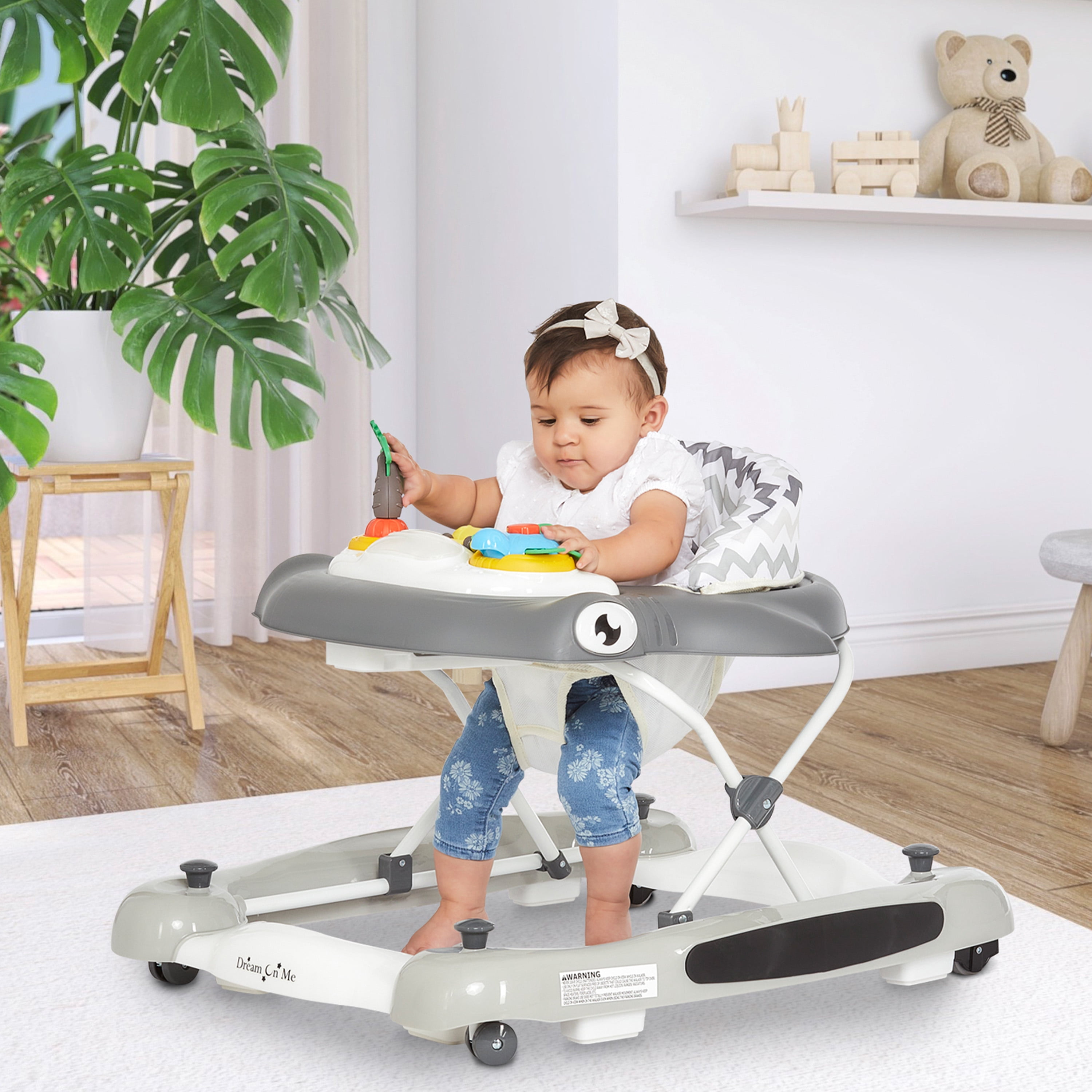 Dream on Me 2-in-1 Aloha Fun Activity Baby Walker in Grey, Easy to Fold and Store