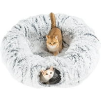 Avont Cat Tunnel Bed with Central Washable Cushion - Large Cat Tunnel Tube Toys 3 Shape to Play for Indoor Cats Kittens Puppies Ferret, Round Plush Fluffy Cat Bed with Tunnels -Grey