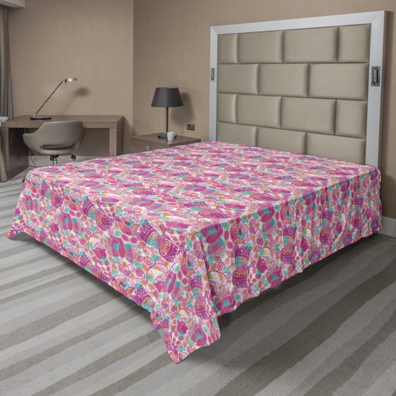 Ambesonne Floral Flat Sheet, Ornamental Birds and Leaves, Queen Size, Pink Multicolor
