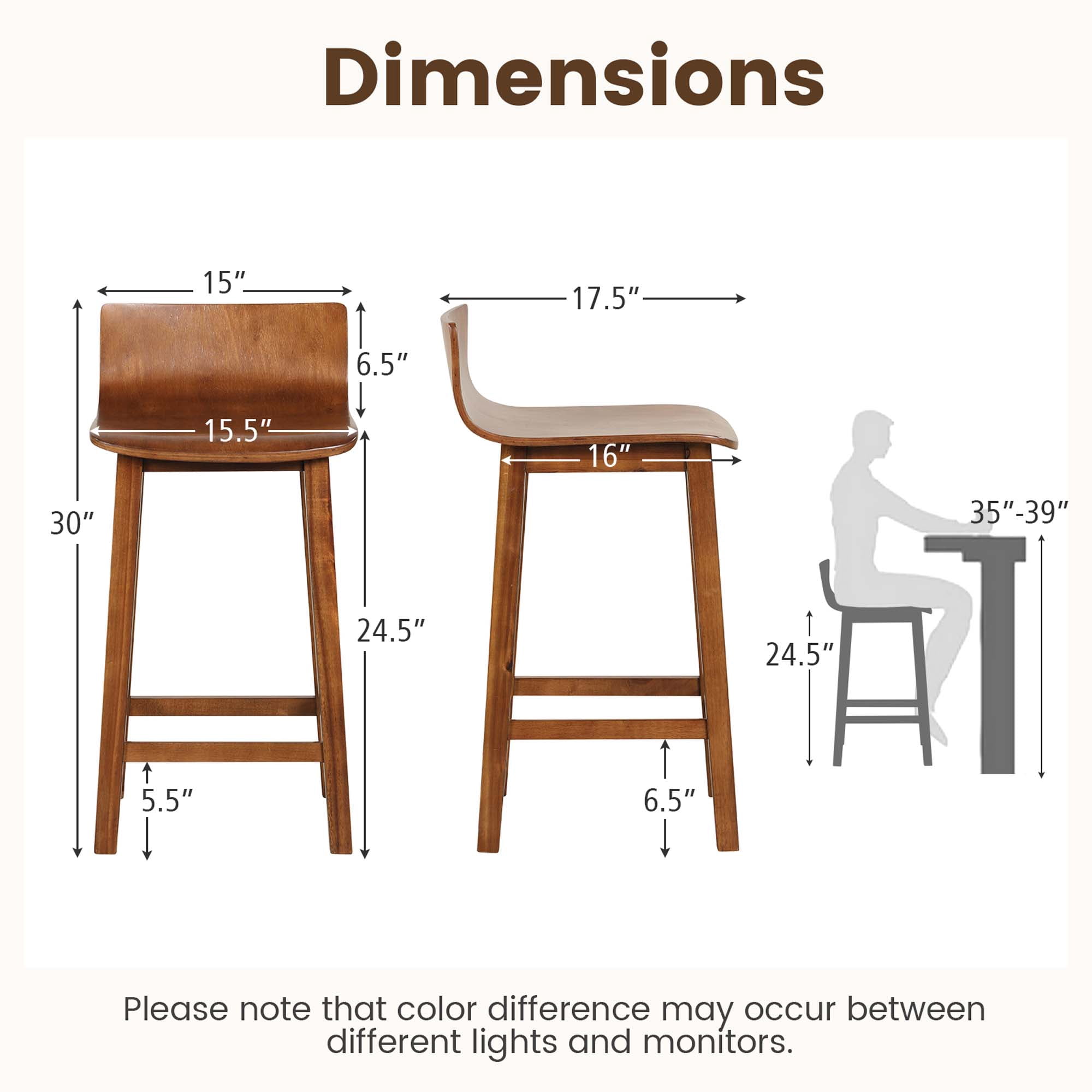 Costway 24.5" Wood Bar Stools Set of 2 with Solid Back & Seat Mid Century Bar Chairs Brown