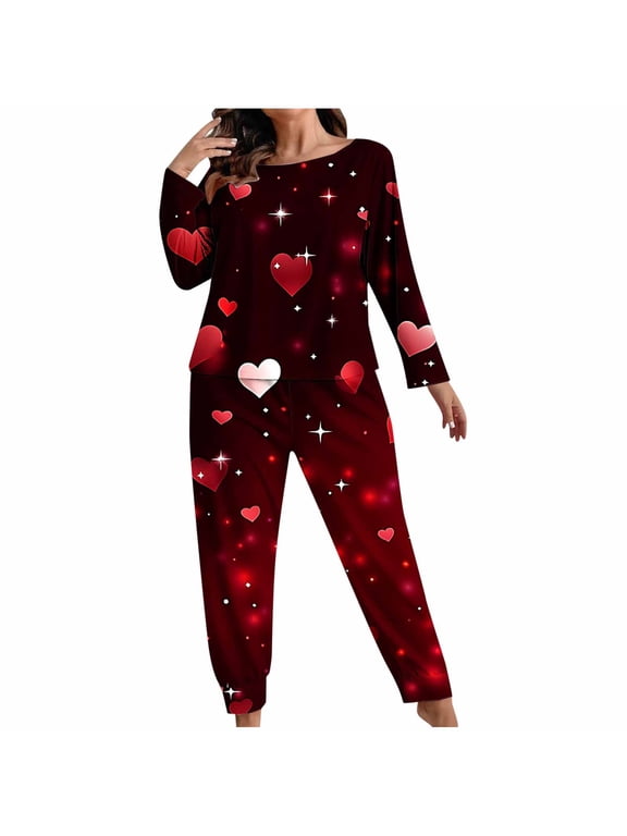 Women Sleepwear Pajamas Set Plus Size Valentines Pjs Sets Long Sleeve Tops and Pant Heart Lounge Set 2 Piece Pajamas Black