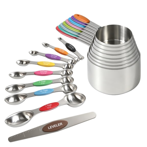 17‑Piece Stainless Steel Measuring Cups and Magnetic Spoons Set, Nesting Design for Baking Cooking Meal Prep