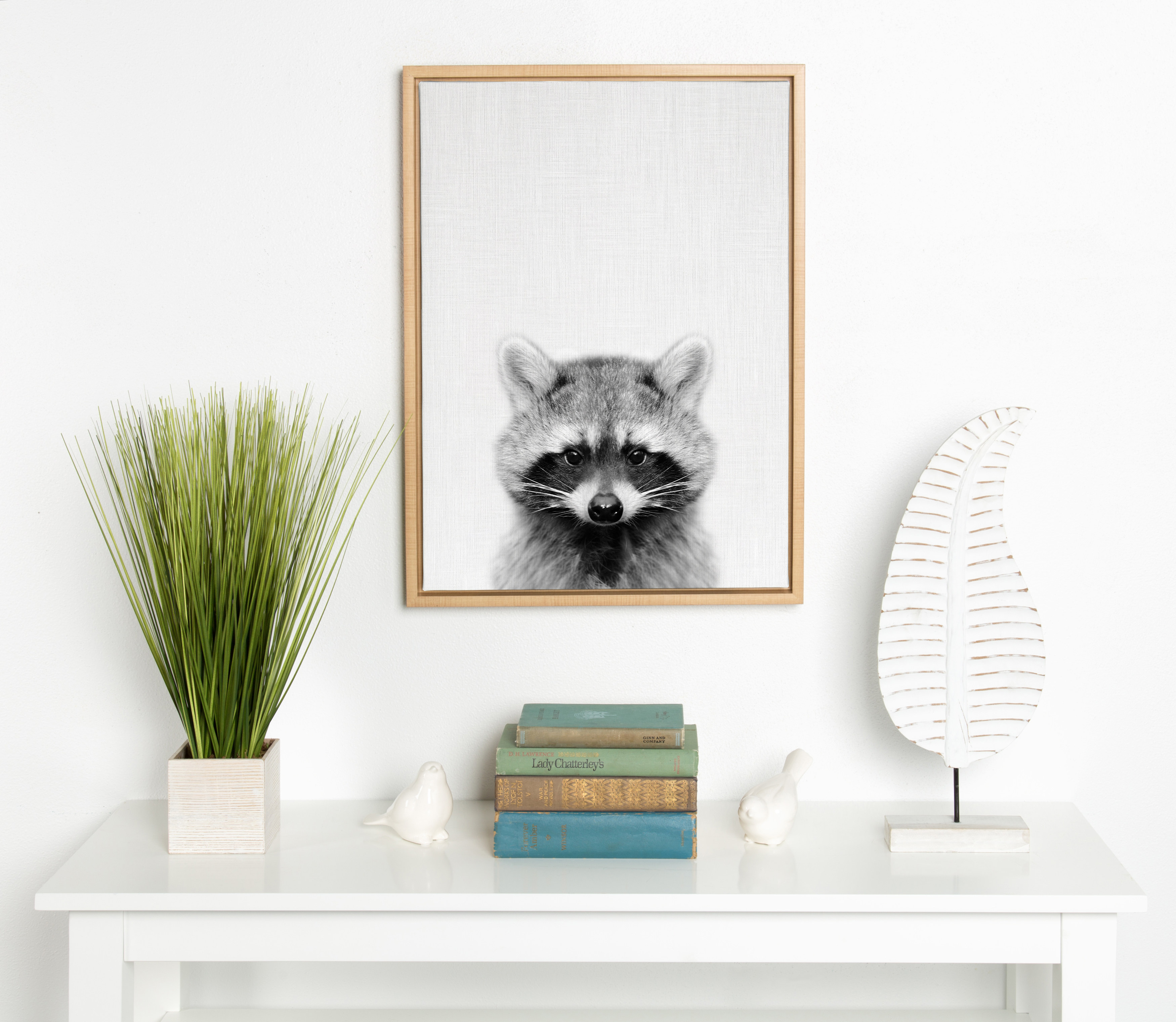 Kate and Laurel Sylvie Raccoon Black and White Portrait Framed Canvas Wall Art by Simon Te Tai, 18x24 Natural