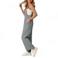 thumbnail image 3 of Womens Bib Overalls Cotton Linen Wide Leg Jumpsuits with Pockets Casual Beach Vacation Summer Rompers (L, Gray), 3 of 8