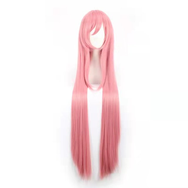 Peluca para cosplay, larga, recta, rosa con flequillo en capas, 100 cm