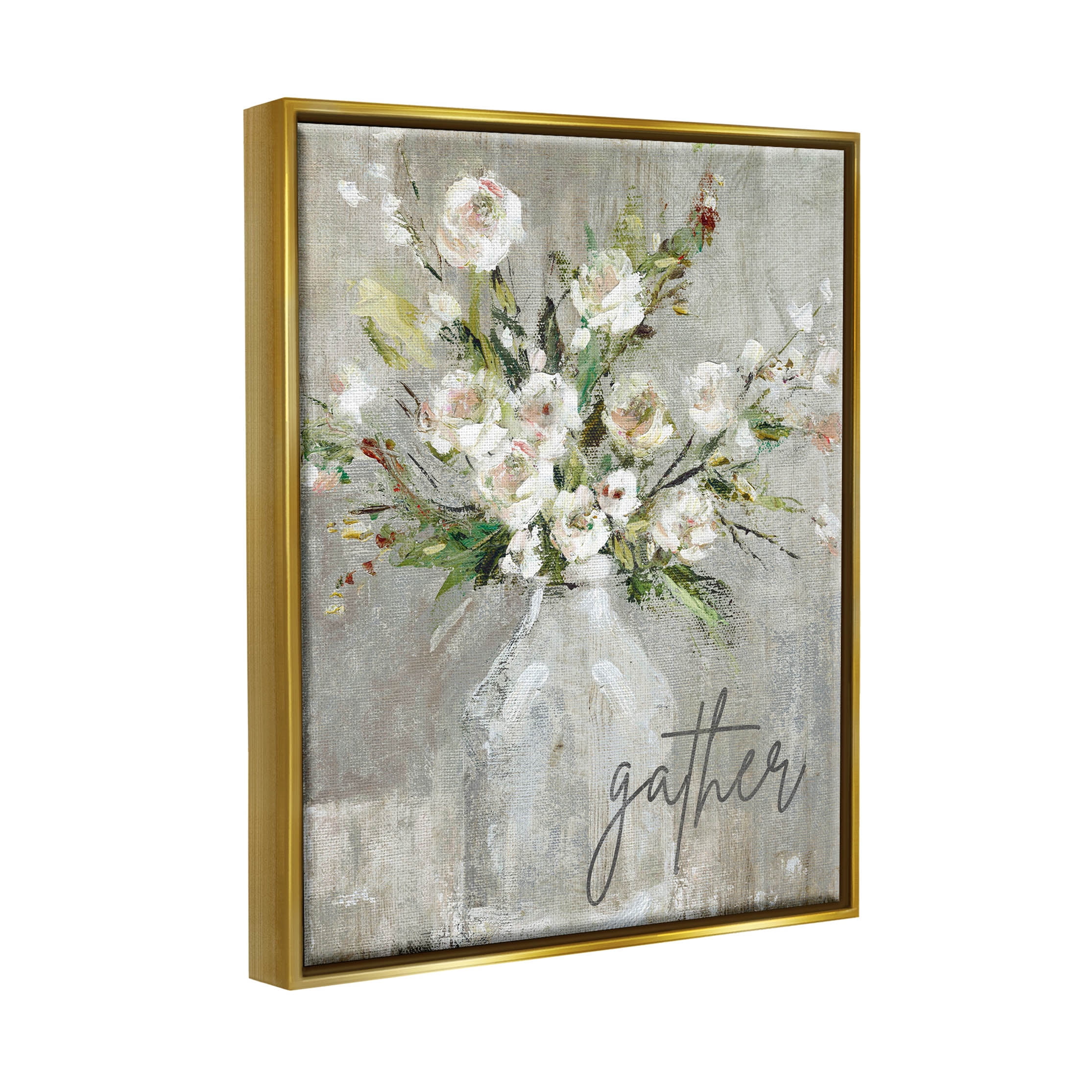 Stupell Industries Gather White Floral Bouquet Graphic Art Metallic Gold Floating Framed Canvas Print Wall Art, Design by Carol Robinson