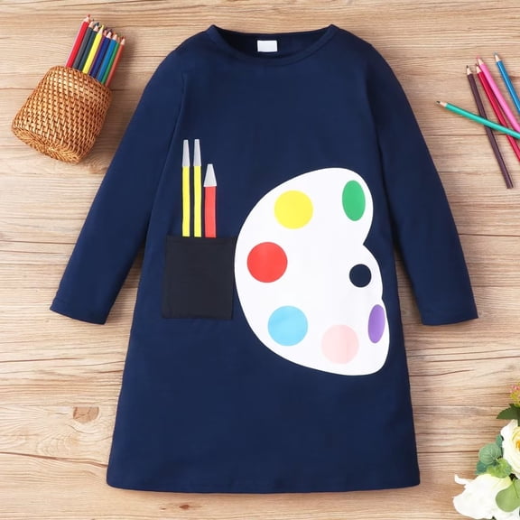 YEEDISON Children's Dress Autumn and Winter Girls' Dress Cotton Long Sleeve Painting Tool Offset Pattern Casual Dress for 18M-6Y