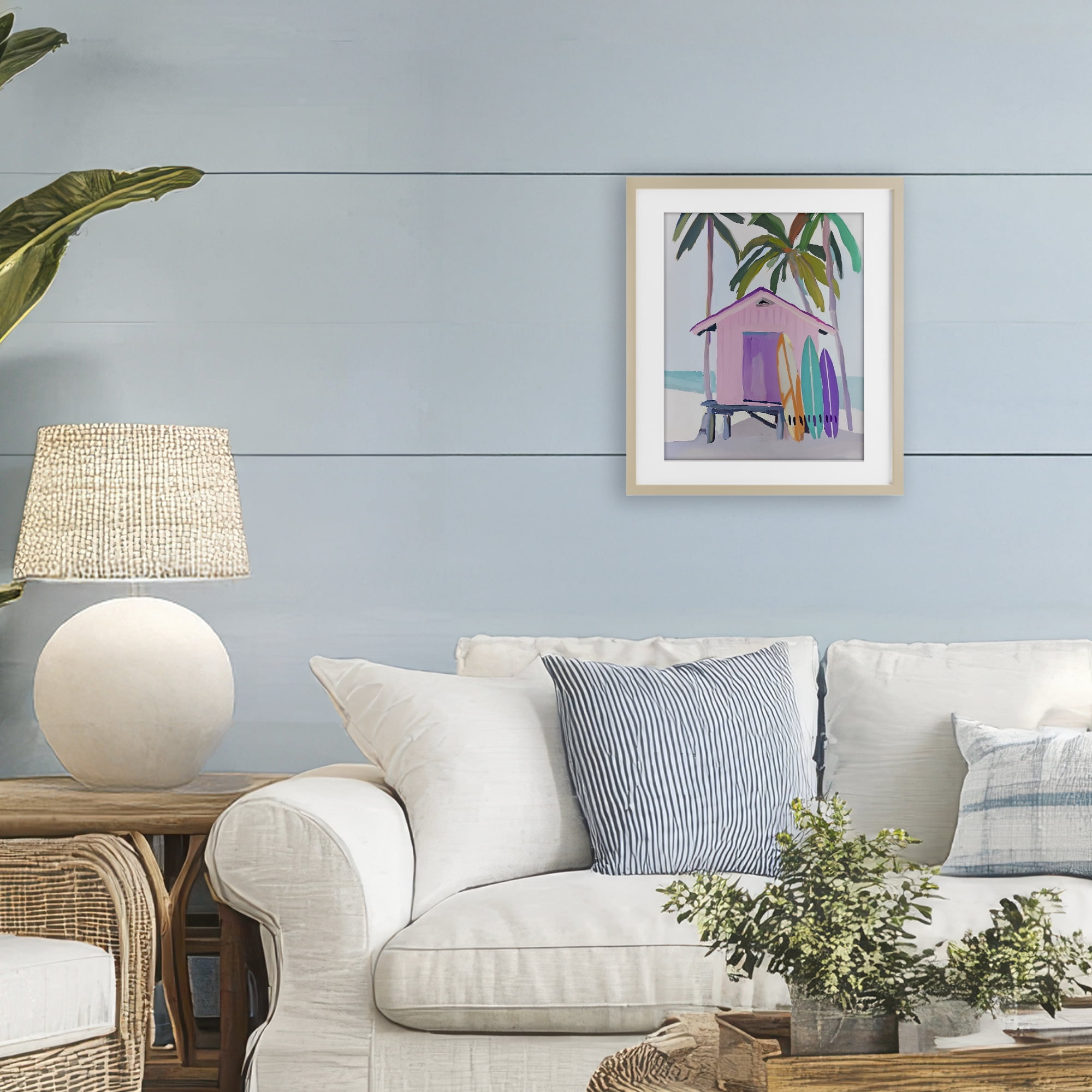 Stupell Industries Pink Beach Hut with Surfboards Birch Framed Print Under Glass, design by Sisi and Seb