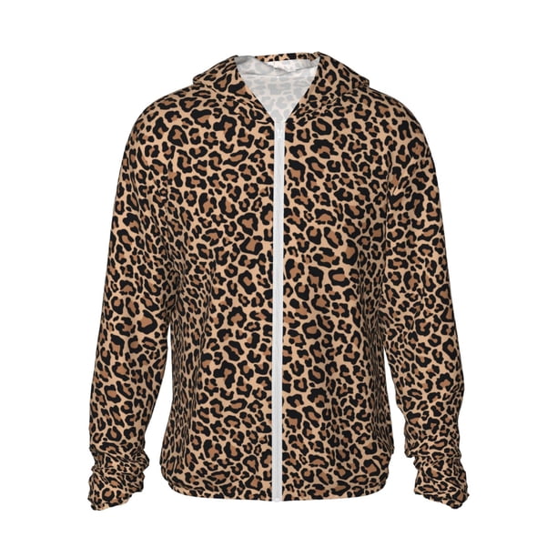 Fotbe Brown Leopard Chaqueta con Protección Solar UPF 50+ para Hombre y Mujer, Camisa con Capucha y Bolsillos-XX-Large