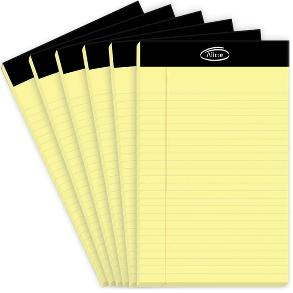 Alitte Yellow Legal Notepads 5x8 Pack of 6 - Perforated Narrow Ruled Writing Pad - Premium Thick Paper No Ink Bleeding - Blank Legal Pads For Home Office School Business - 50 Sheets Per Notebook