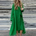 thumbnail image 2 of Robes d'Été en Lin pour Femmes, Manches Longues Retroussées, Robe Chemise Maxi Boutonnée, Décontractée, Couleur Unie, Col Rabattu, avec Poche, Vert, 2 of 7