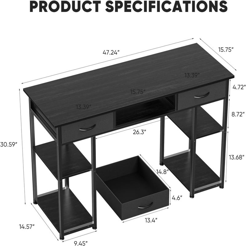 Kelno 48 Inch Computer Desk with 2 Fabric Drawer Storage Shelf Gaming Writing Table, Black