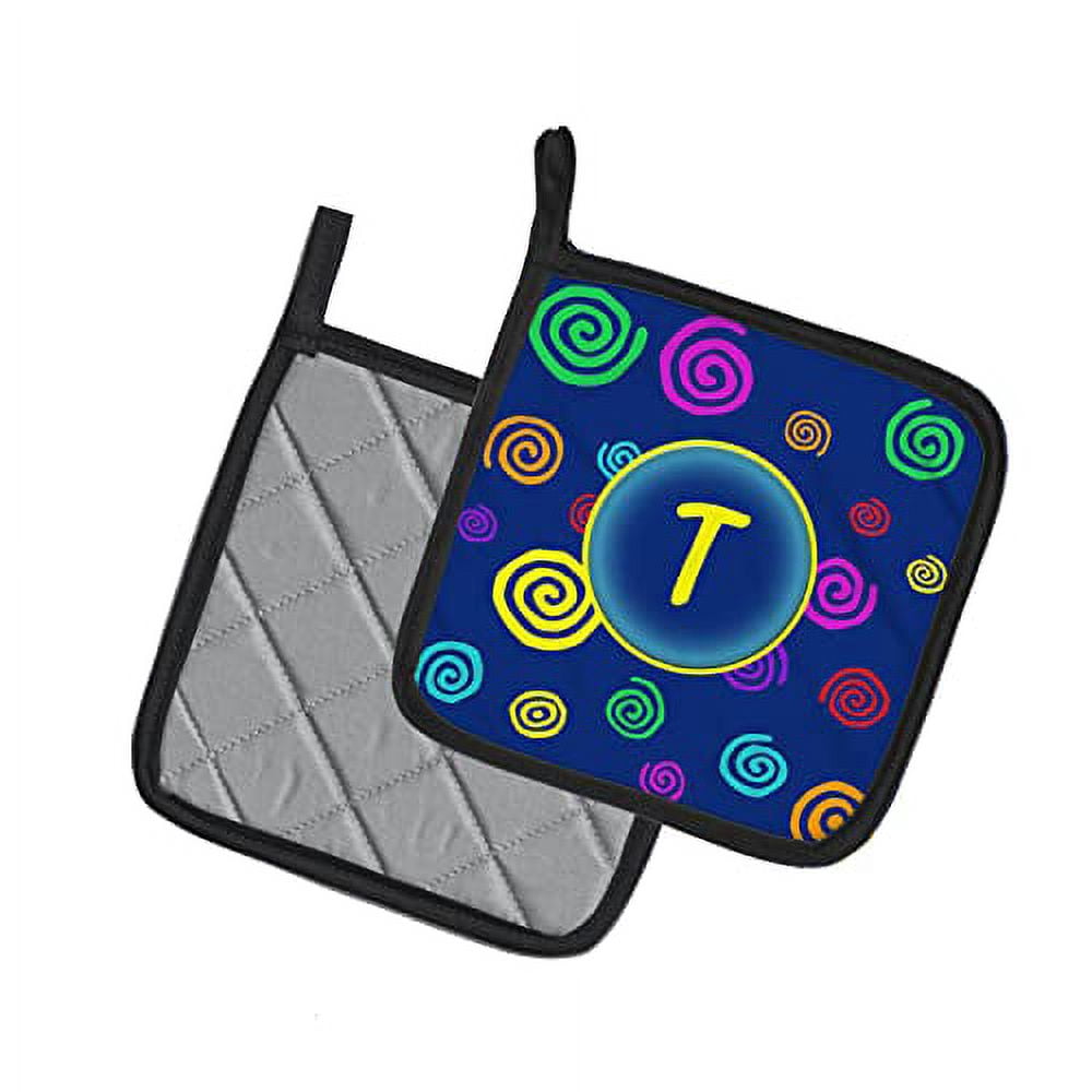 Letter T Initial Monogram - Blue Swirls Pair of Pot Holders