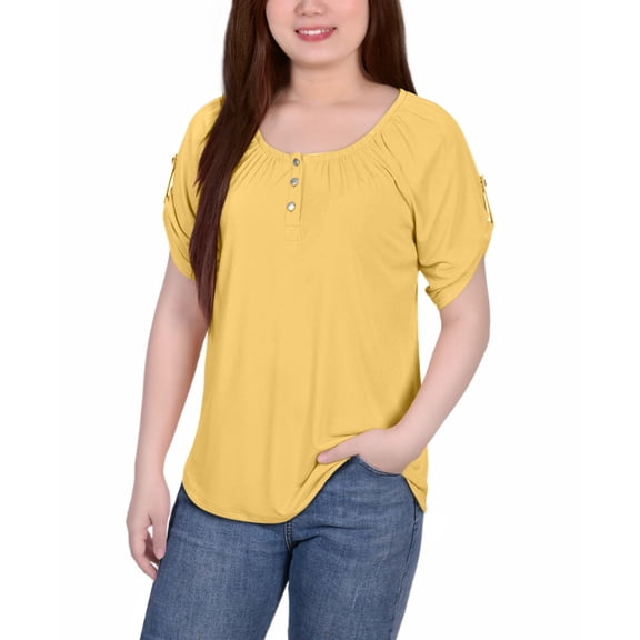 Petite Size Short Sleeve Round Neck Henley Top Samoan Sun PM