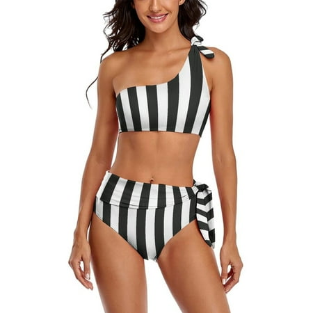 Aesthetic Fir Green And White Vertical One Shoulder Bowknot Swimsuit Two Piece Swimsuit Knot Crop Top Bikini High Waisted Bathing Suit