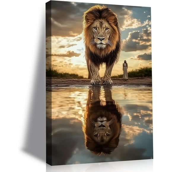 RAYZEL Jesus and Lion Wall Art Christian Poster Print Jesus Lion Canvas Painting Church Wall Decor Religious Picture For Living Room Bedroom Unframe: 12x18in