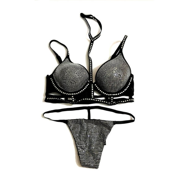 Victoria's Secret Very Sexy Bling Rhinestone Fashion Show Lightly Lined Plunge Bra & Panty Set Cup Size 34C New